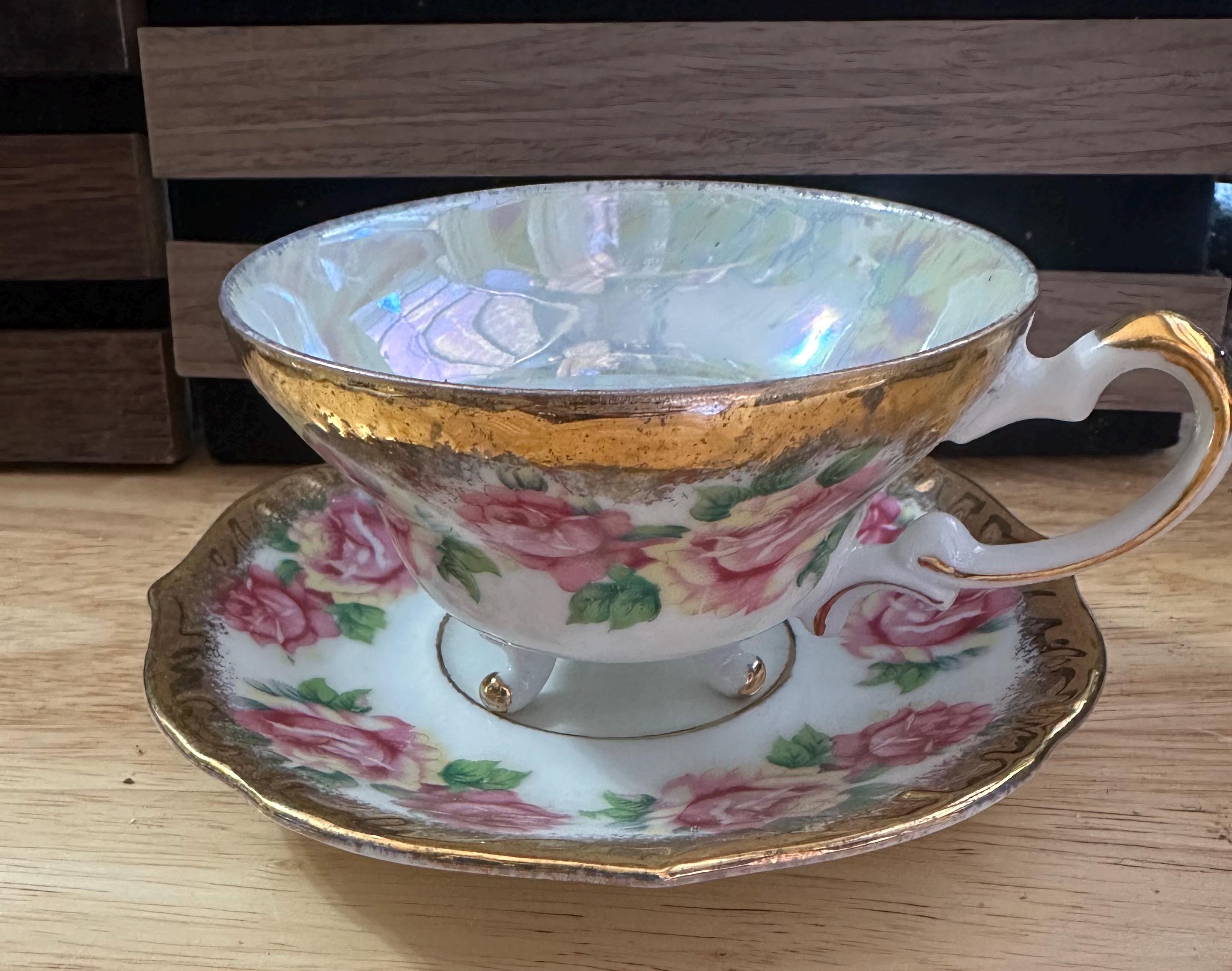 Royal Sealy Pink Roses Pedestal Base Gold Gilt Teacup and Saucer